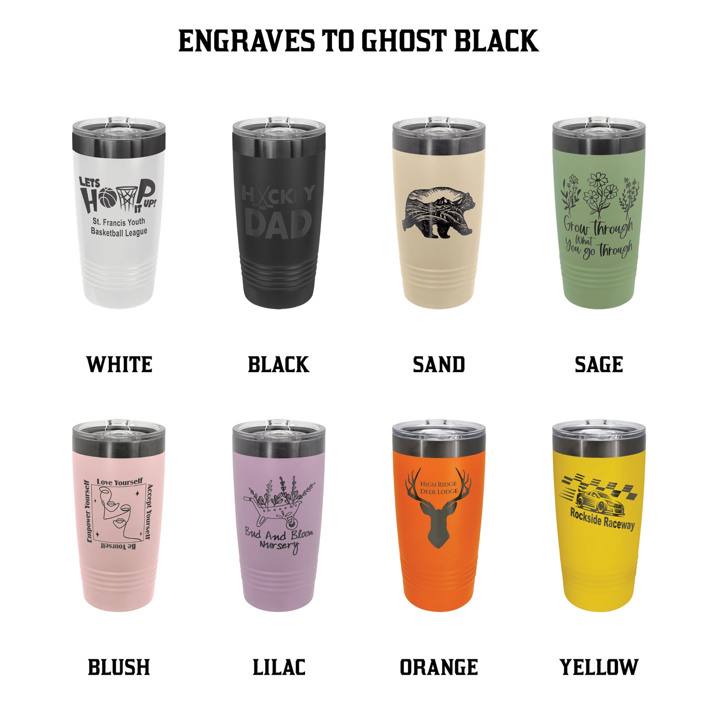 Collection of tumblers in various colors with engraved text on a white background