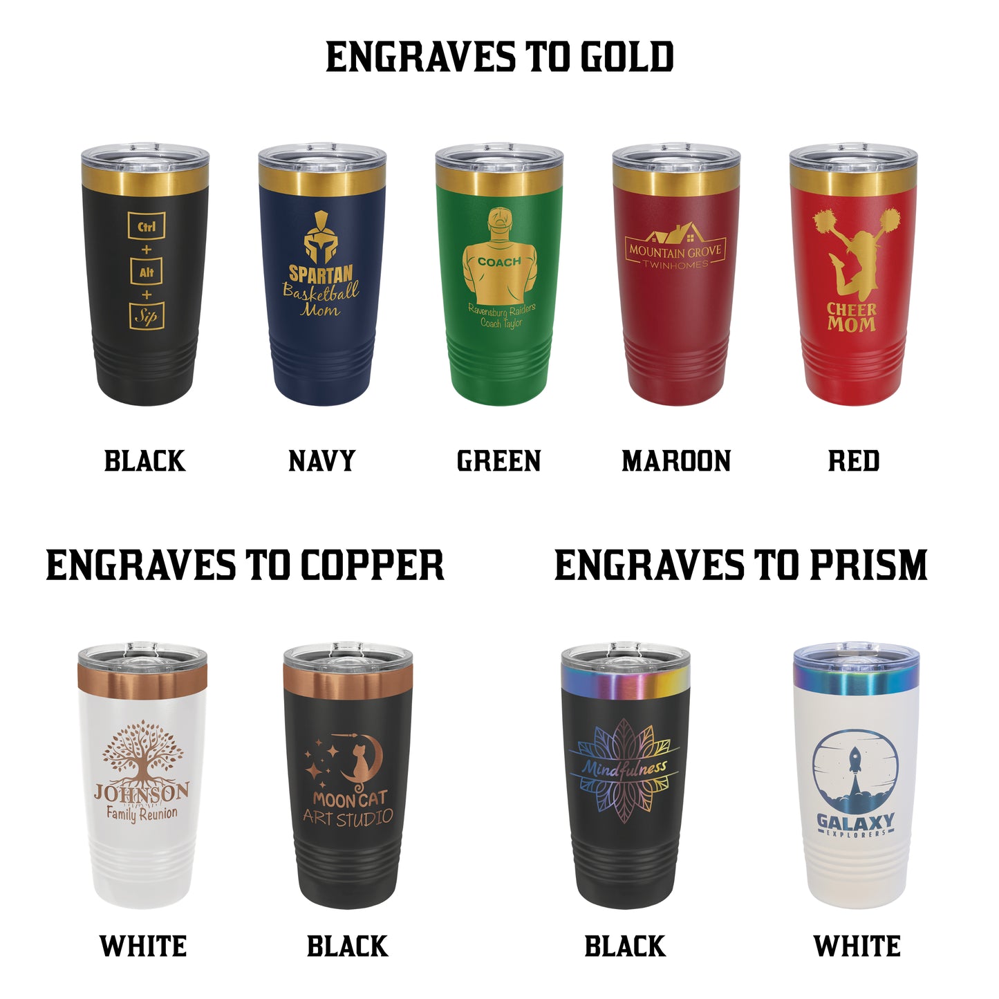Collection of tumblers in various colors with engraved designs on a white background.