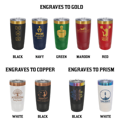 Collection of tumblers in various colors with engraved designs on a white background.