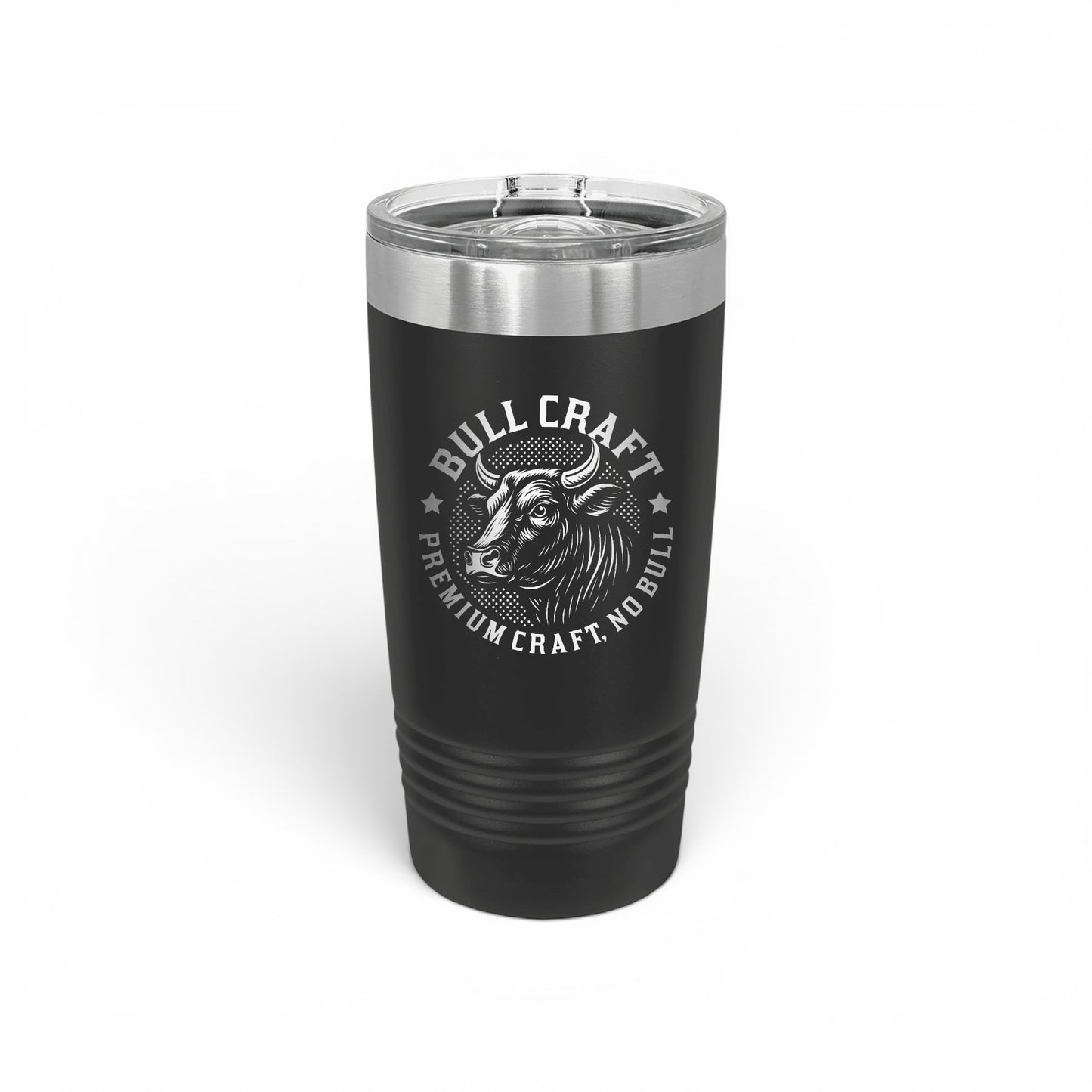 Black tumbler with 'Bull Craft' logo on a white background