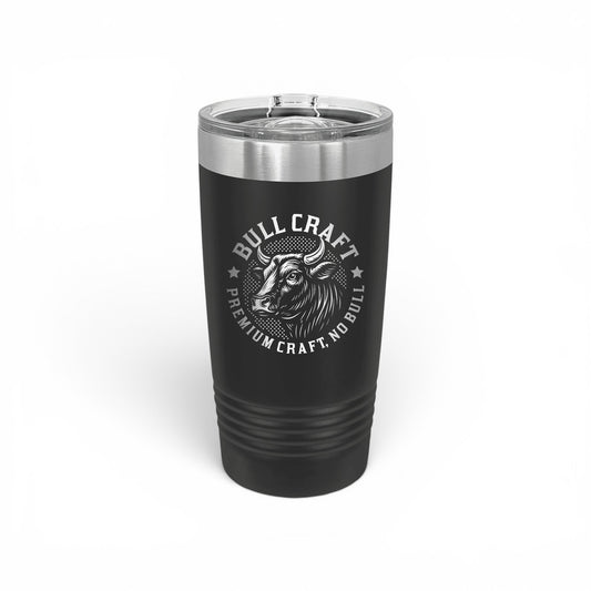 Black tumbler with 'Bull Craft' logo on a white background