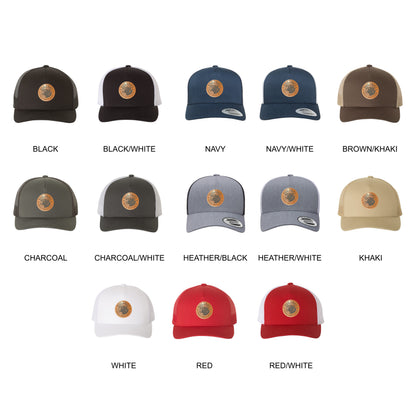 Collection of baseball caps in various colors with a central logo.