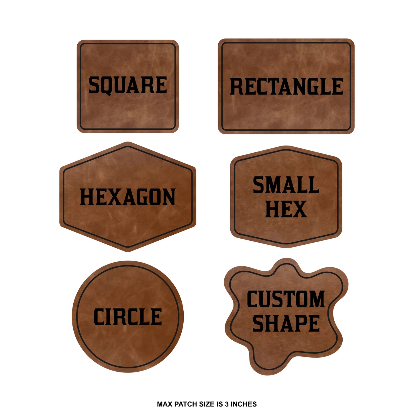 Set of brown leather patches with different shapes and labels showing there specific shape on a white background