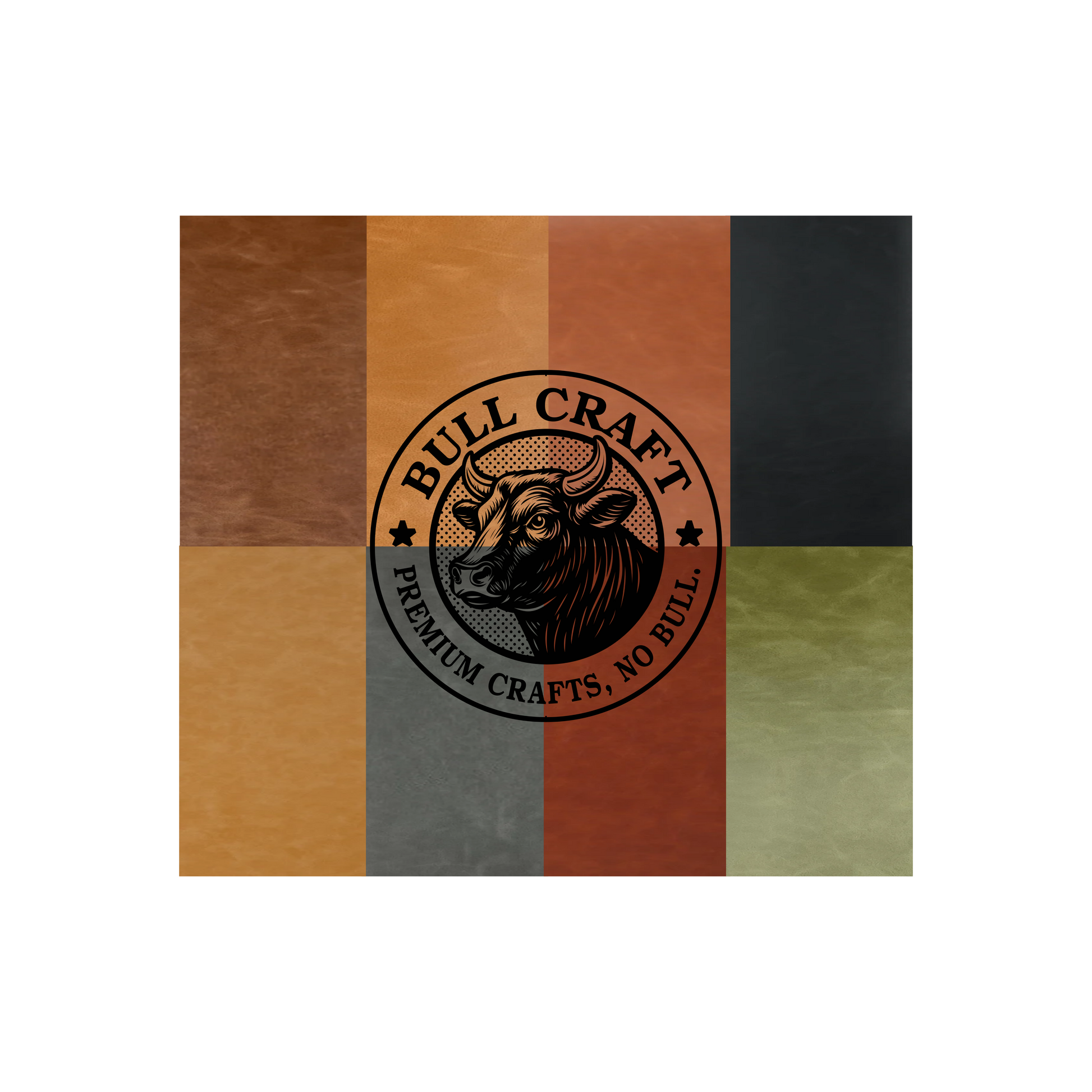 Bull Craft bull logo on a multicolored leather background showing all leathers colors available side by side